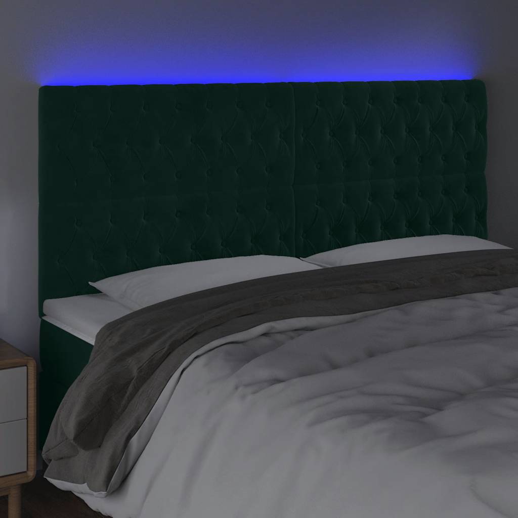 Cabeceira de cama c/ LED veludo 200x7x118/128 cm verde-escuro