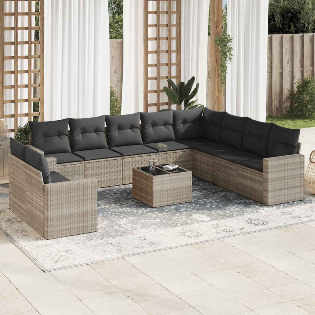 11 Pcs conjunto sofás de jardim c/ almofadões vime PE cinzento