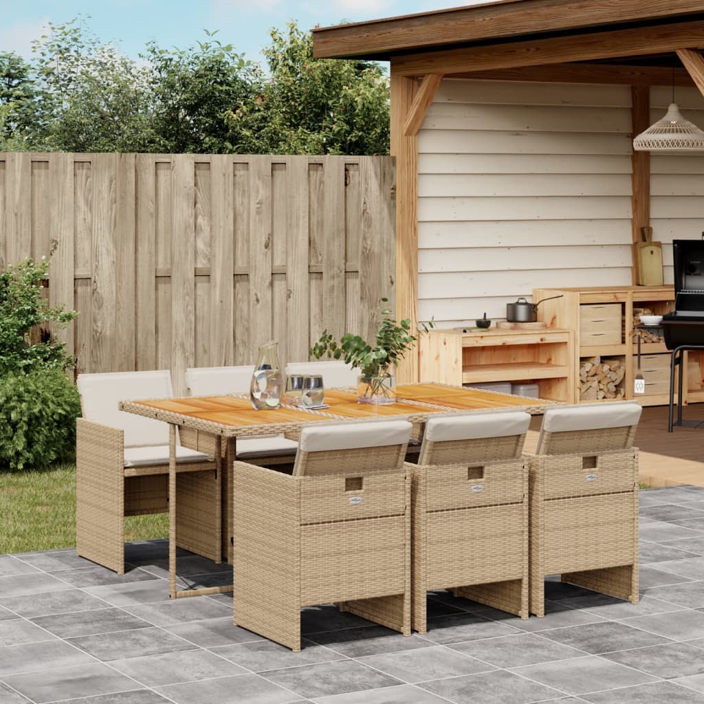 7 Pcs conjunto de jantar p/ jardim com almofadões vime PE bege