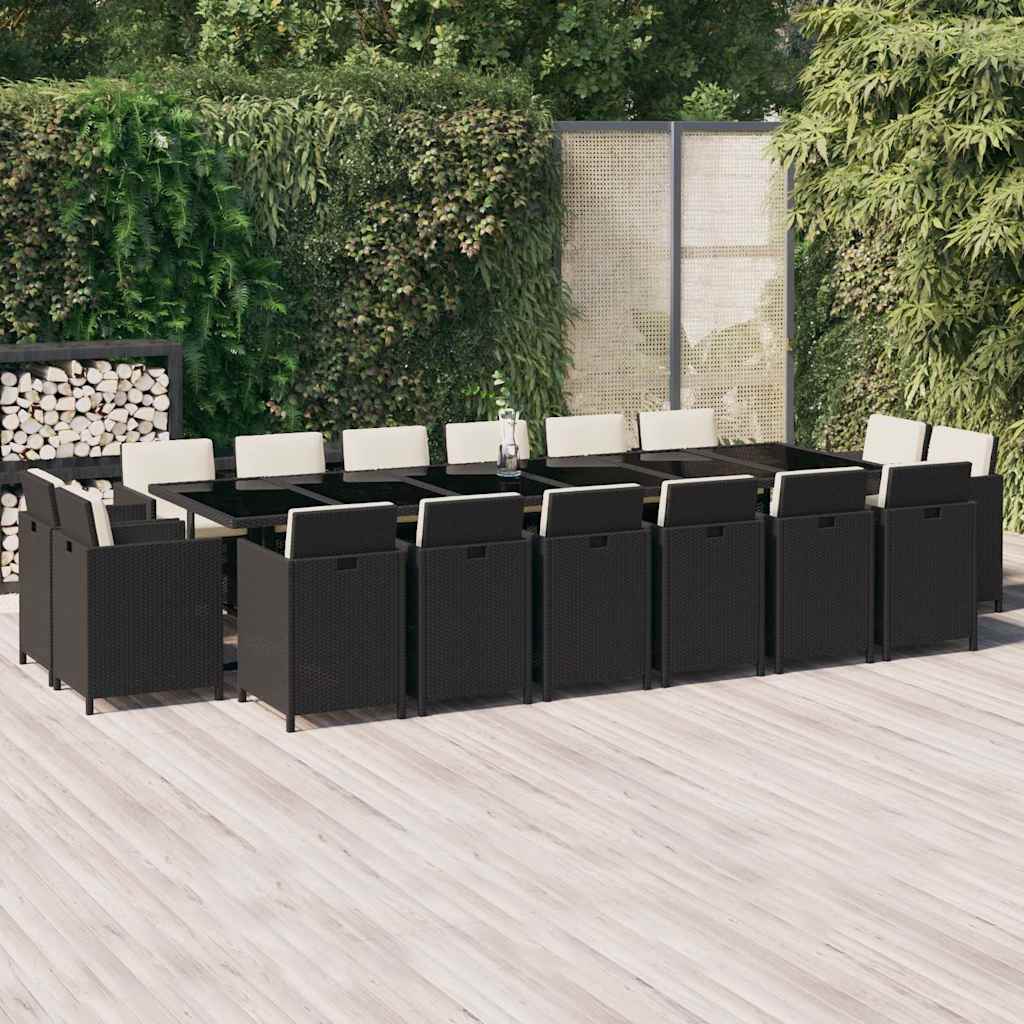 17 Pcs conjunto jantar p/ jardim c/ almofadões vime PE preto
