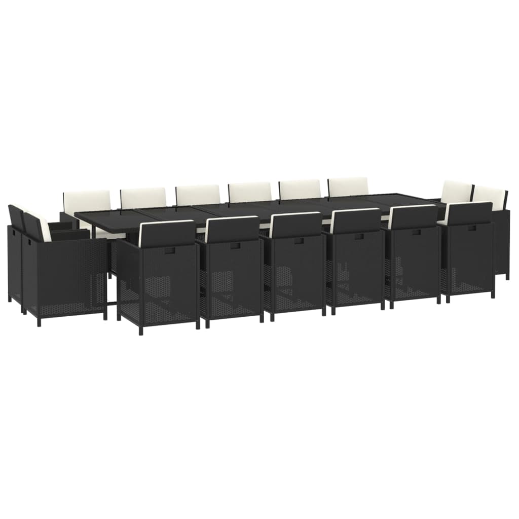 17 Pcs conjunto jantar p/ jardim c/ almofadões vime PE preto