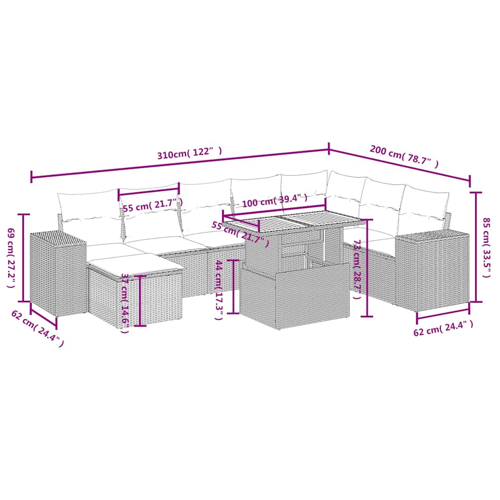 9 Pcs conjunto de sofás p/ jardim c/ almofadões vime PE preto