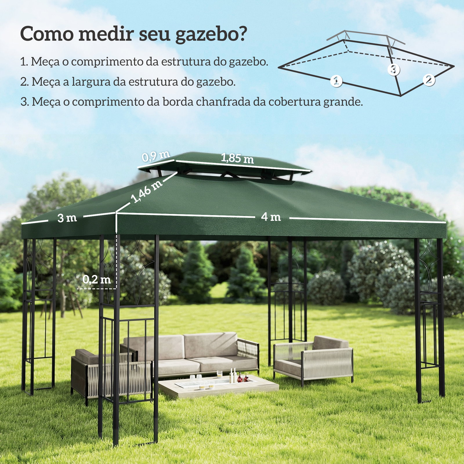 Toldo de substituição 4x3 m com teto duplo orifícios de drenagem e proteção UV apenas toldo não inclui estrutura verde