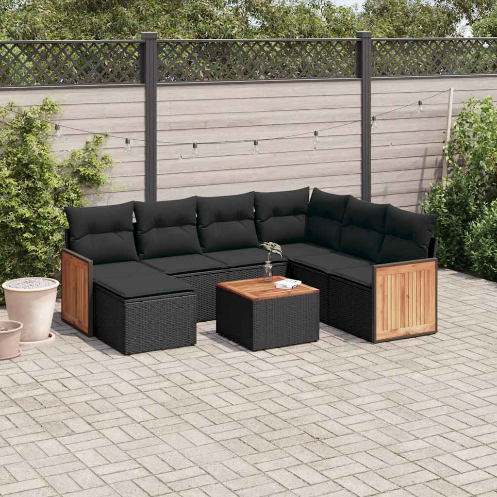8 Pcs conjunto sofás de jardim com almofadões vime PE preto