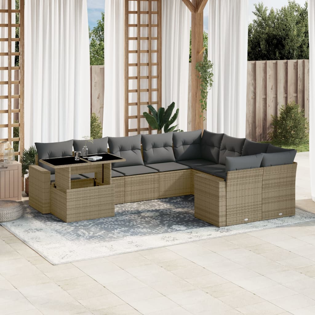 10 Pcs conjunto de sofás p/ jardim com almofadões vime PE bege