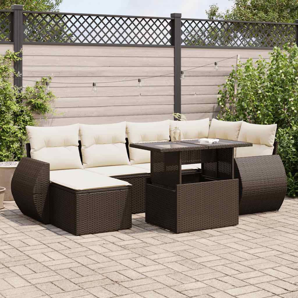 7 Pcs conjunto de sofás jardim c/ almofadões vime PE castanho