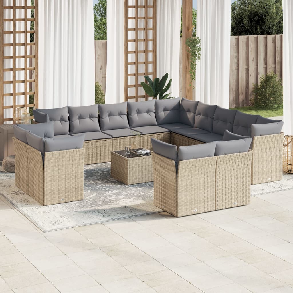 14 Pcs conjunto de sofás p/ jardim com almofadões vime PE bege