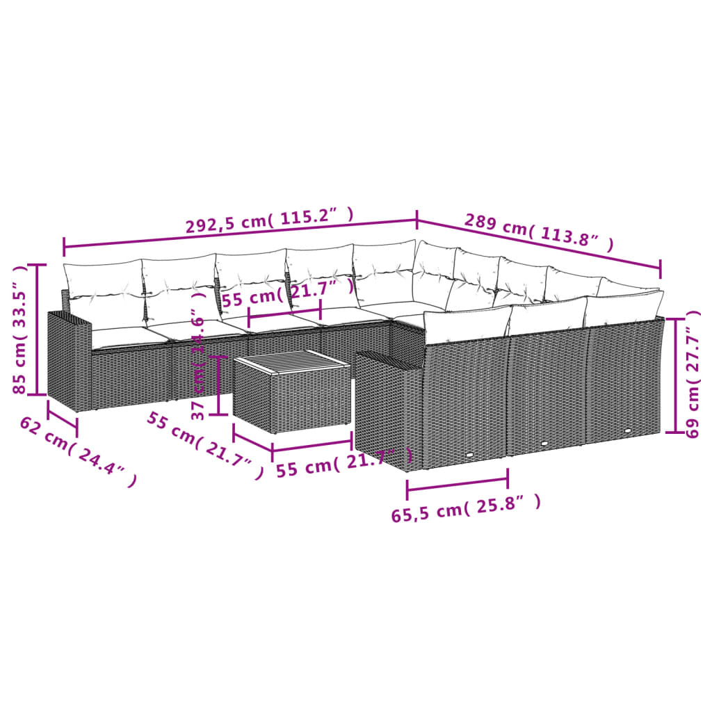 12 Pcs conjunto de sofás jardim c/ almofadões vime PE cinzento