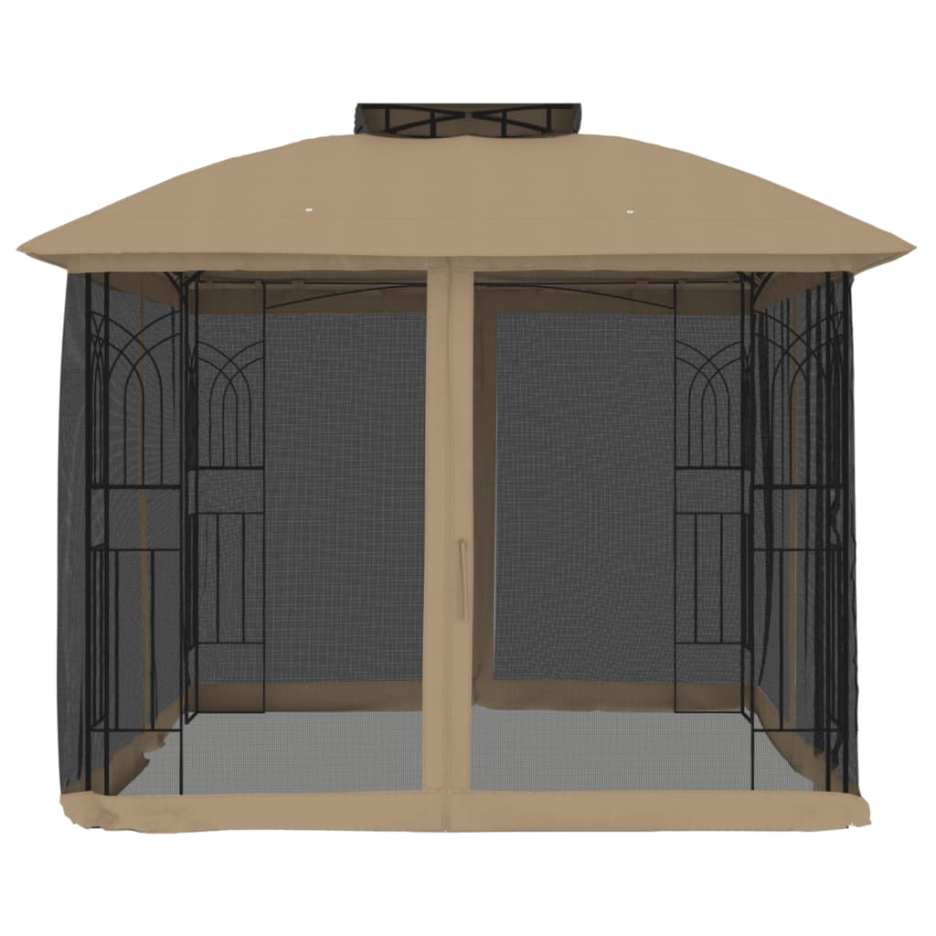 Gazebo c/ teto duplo/paredes de malha aço cinzento-acastanhado
