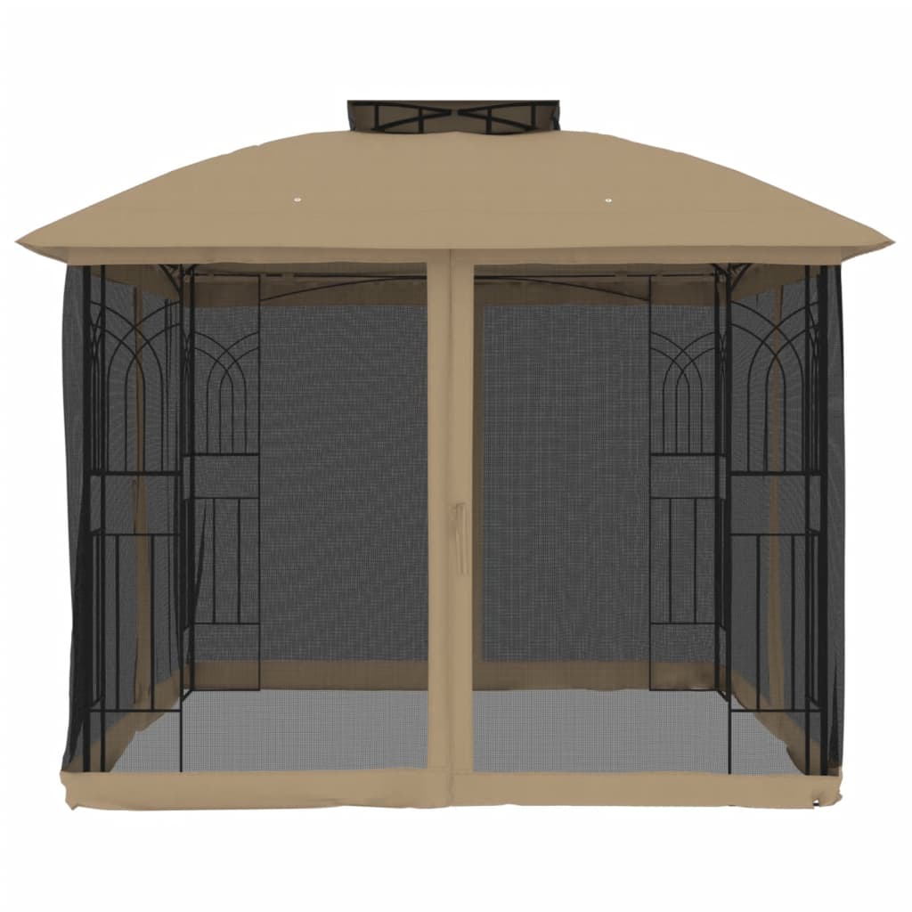 Gazebo c/ teto duplo/paredes de malha aço cinzento-acastanhado