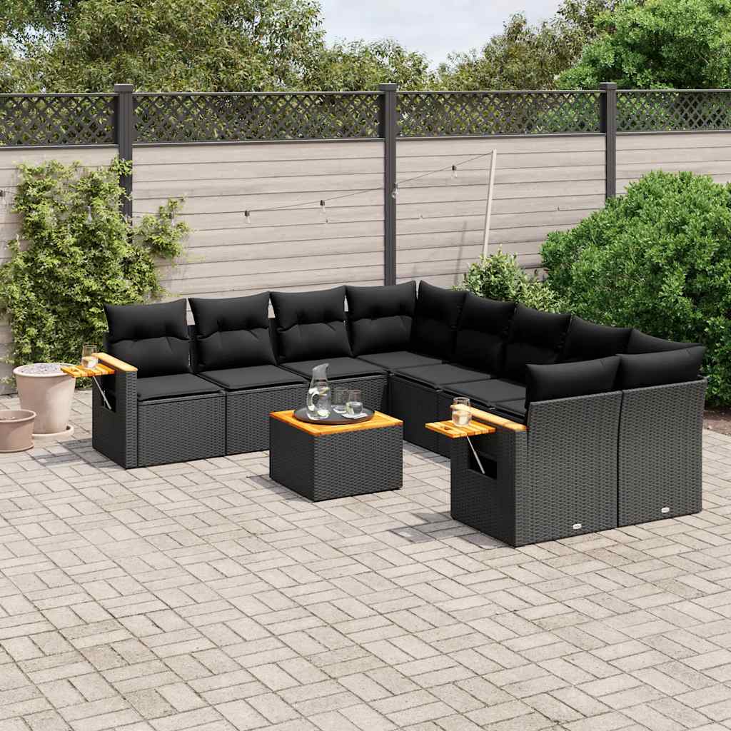 9 Pcs conjunto de sofás p/ jardim c/ almofadões vime PE preto