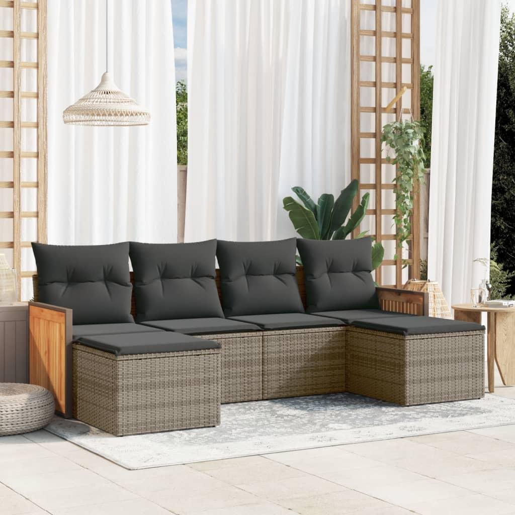 6 Pcs conjunto sofás de jardim com almofadões vime cinzento