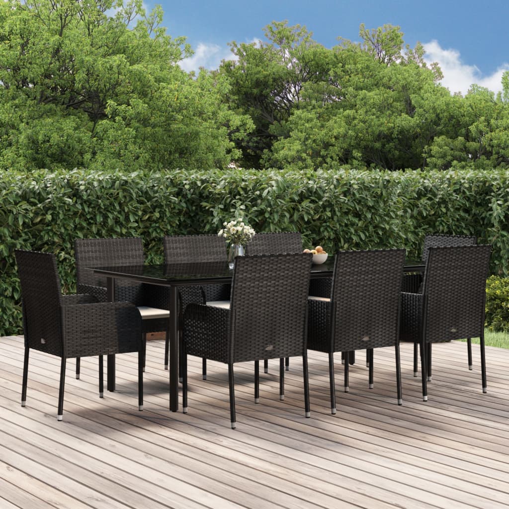 9 Pcs conjunto de jantar p/ jardim c/ almofadões vime PE preto