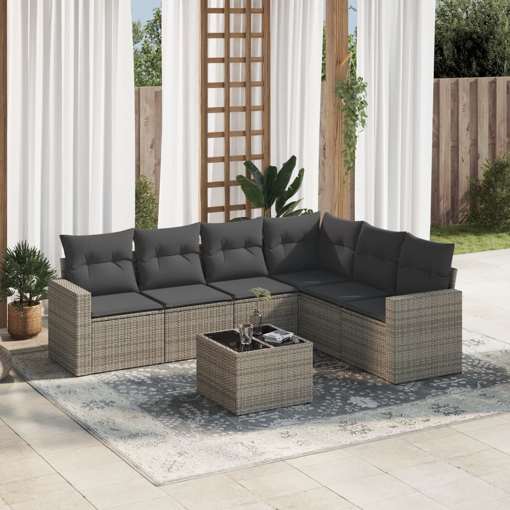 7 Pcs conjunto sofás p/ jardim c/ almofadões vime PE cinzento