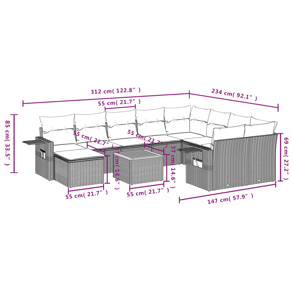 11 Pcs conjunto sofás de jardim c/ almofadões vime PE cinzento