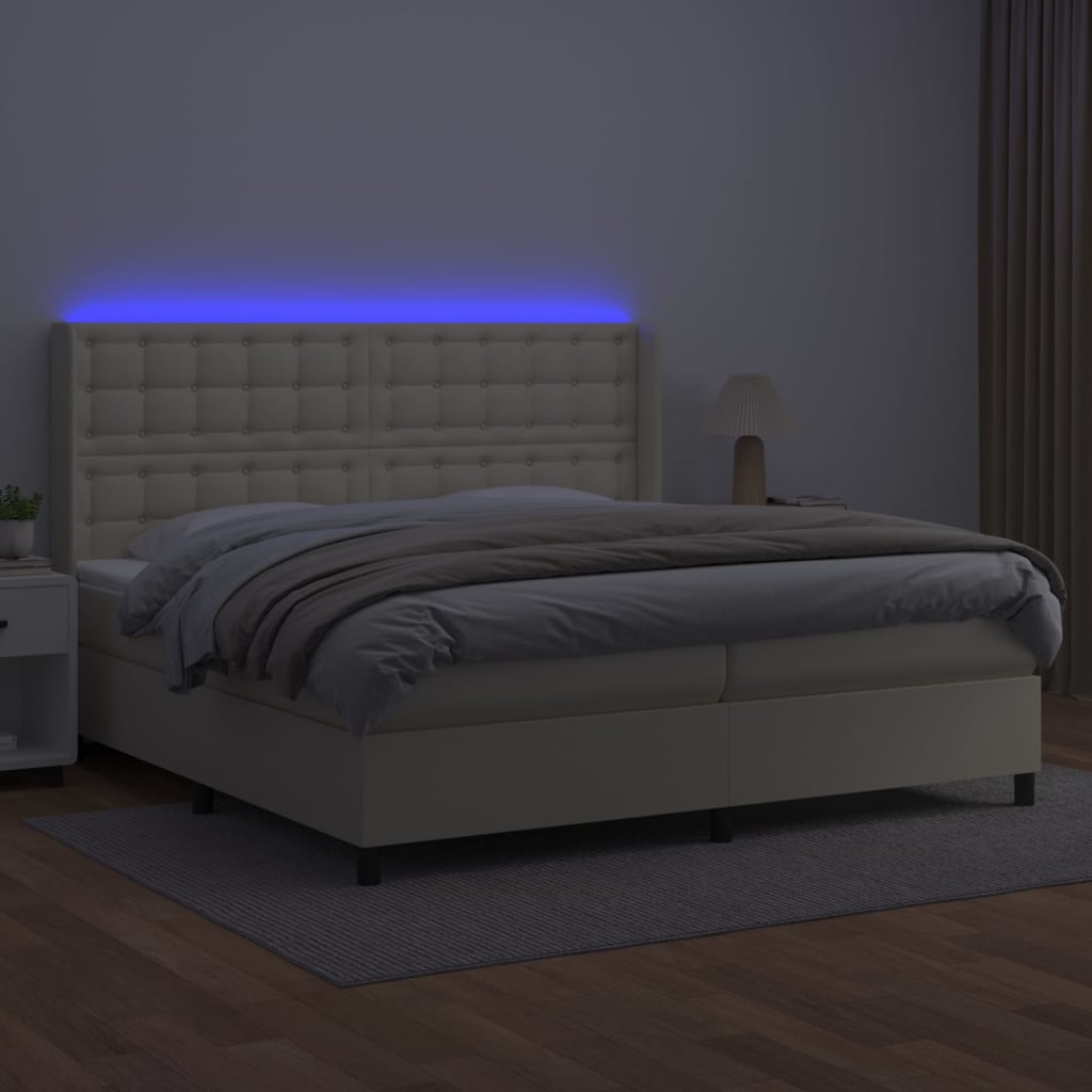 Cama box spring c/ colchão/LED 200x200cm couro artificial creme