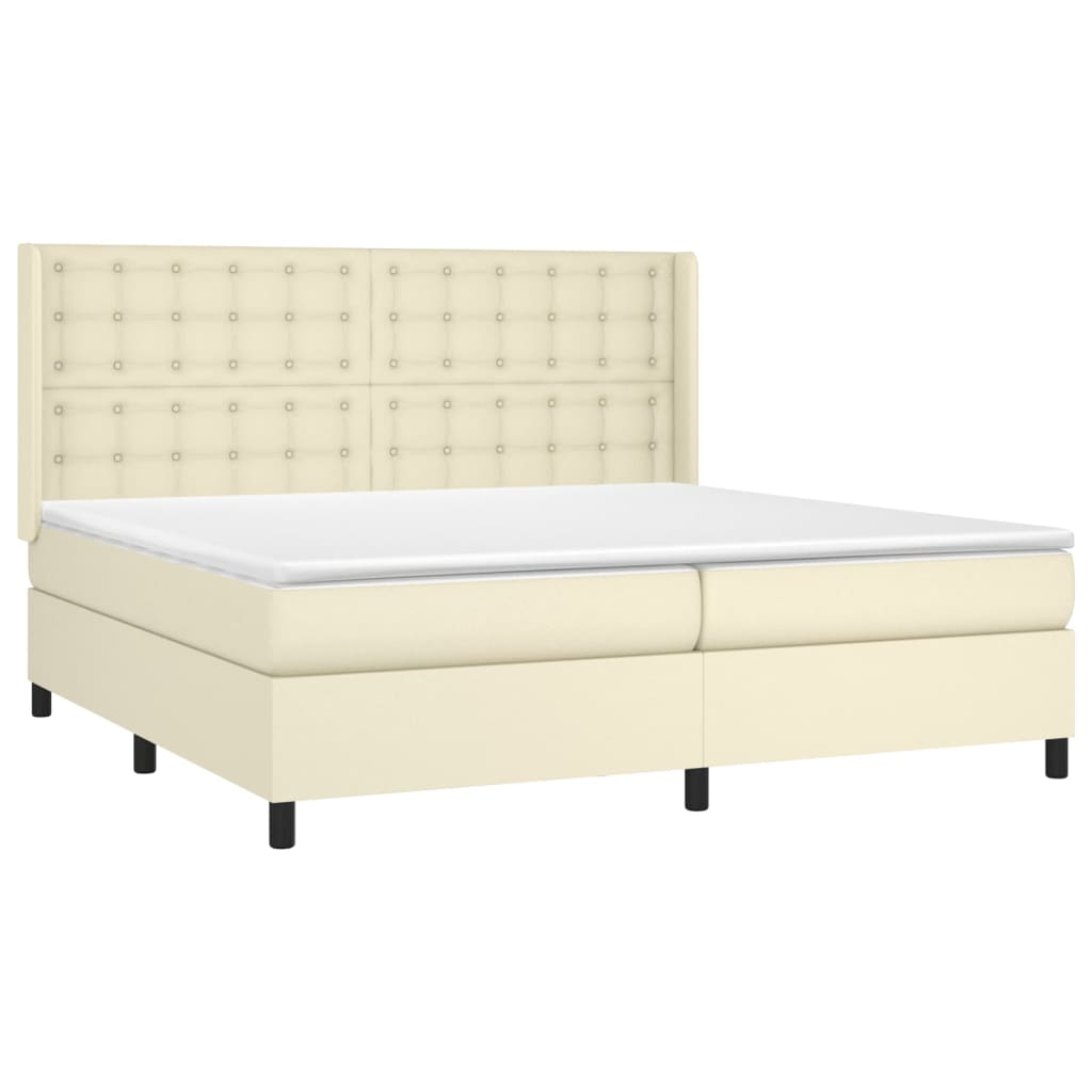 Cama box spring c/ colchão/LED 200x200cm couro artificial creme