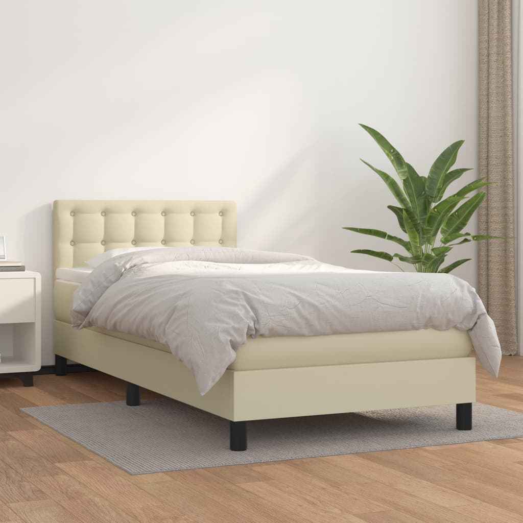 Cama com molas/colchão 100x200 cm couro artificial cor creme