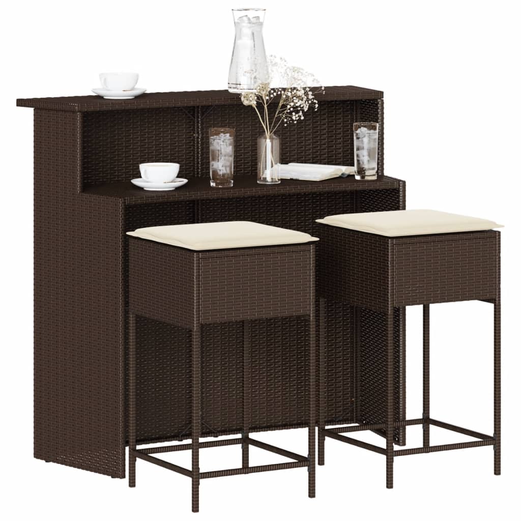 3 Pcs conjunto de bar p/ jardim com almofadões vime PE castanho