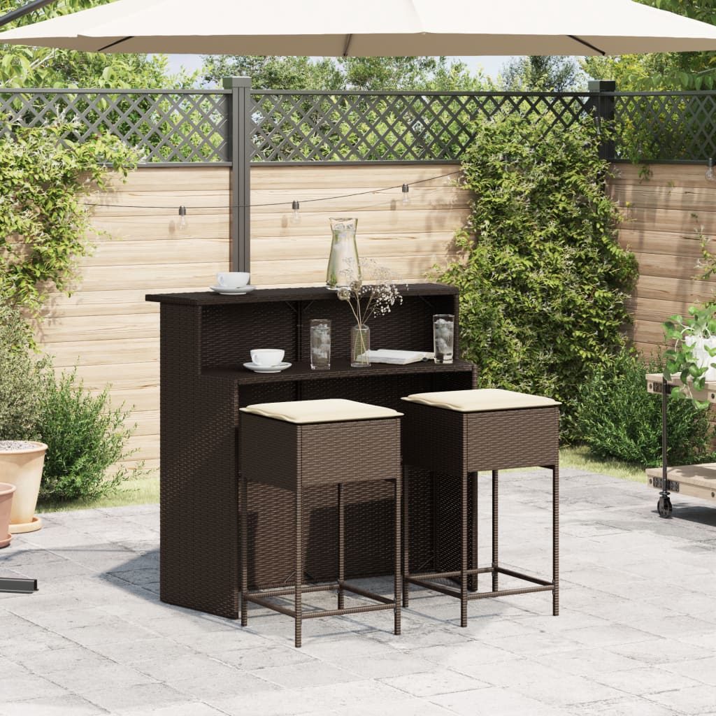3 Pcs conjunto de bar p/ jardim com almofadões vime PE castanho