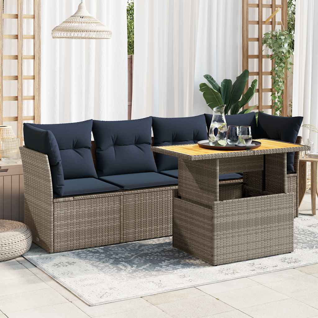 5 Pcs conjunto sofás de jardim c/ almofadões vime PE cinzento