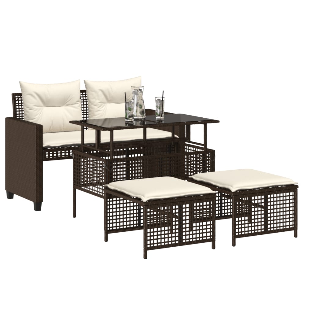 4Pcs conj. sofás de jardim c/ almofadões vime PE/vidro castanho
