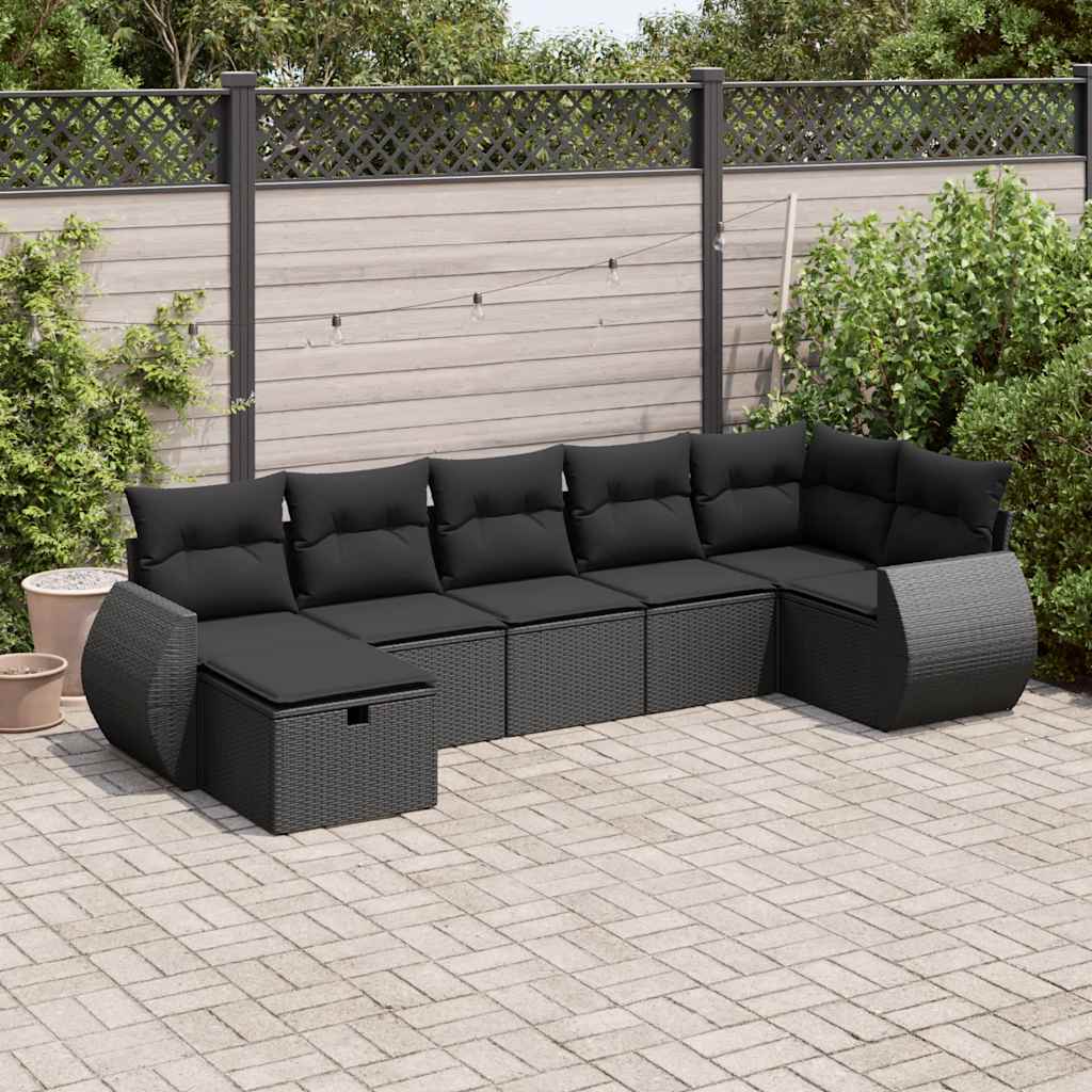7 Pcs conjunto de sofás p/ jardim c/ almofadões vime PE preto