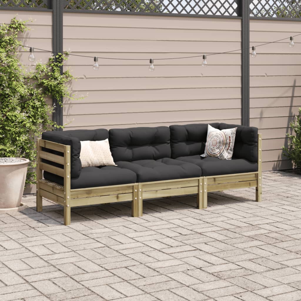 3 Pcs conjunto sofás de jardim c/ almofadões pinho impregnado