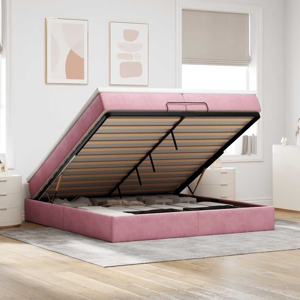 Moldura de cama otomana com colchão rosa 200x200cm veludo
