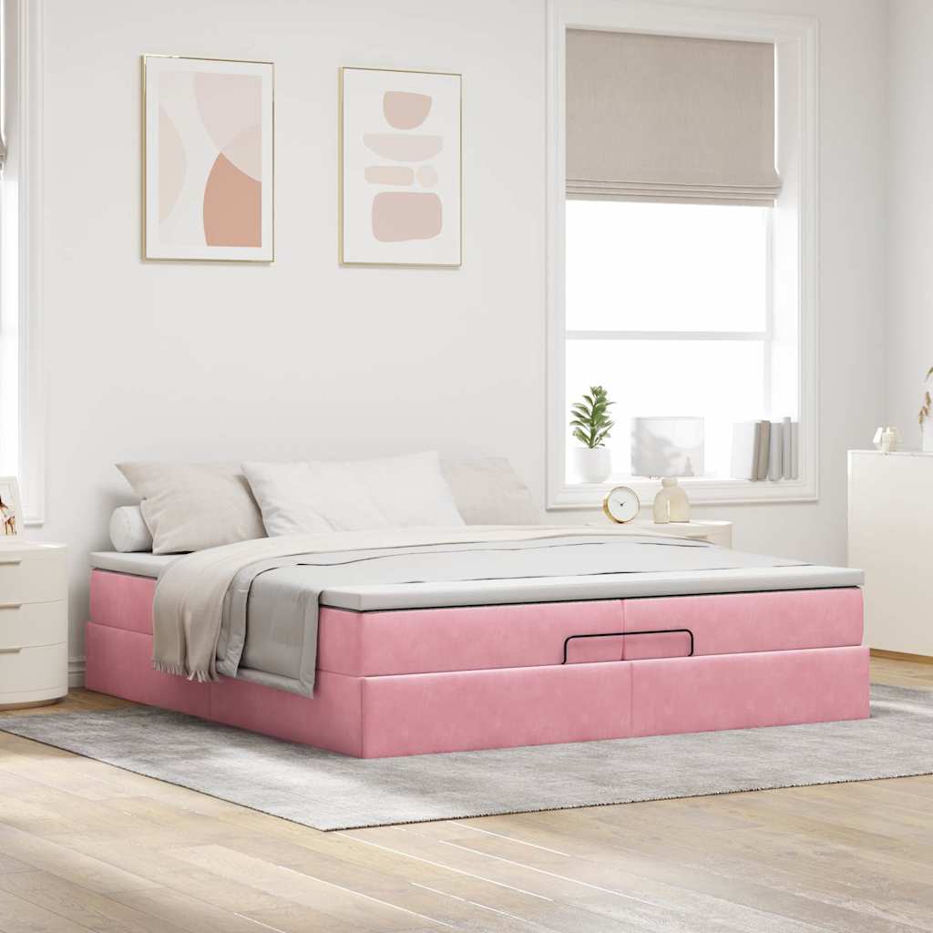 Moldura de cama otomana com colchão rosa 200x200cm veludo