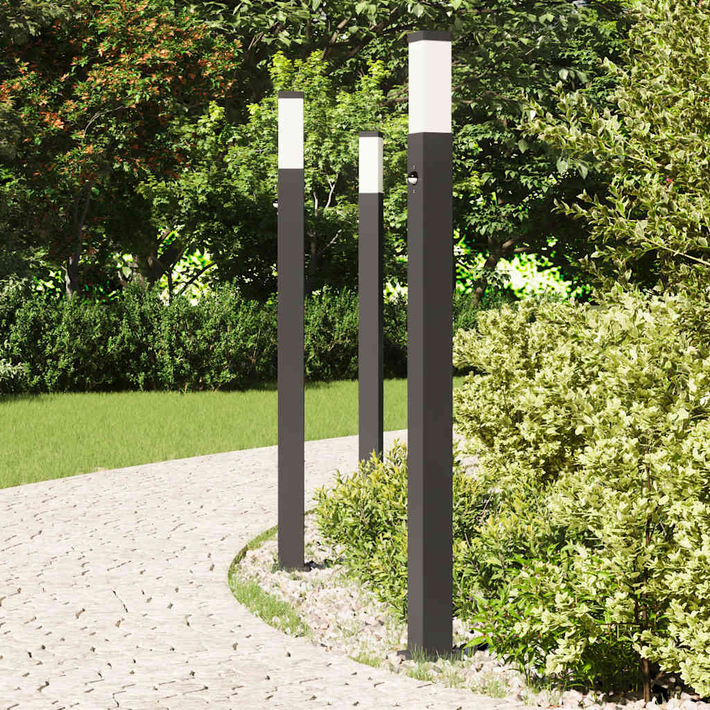 Luminárias de balizamento com sensor, 3 unidades, 110 cm, pretas, IP44