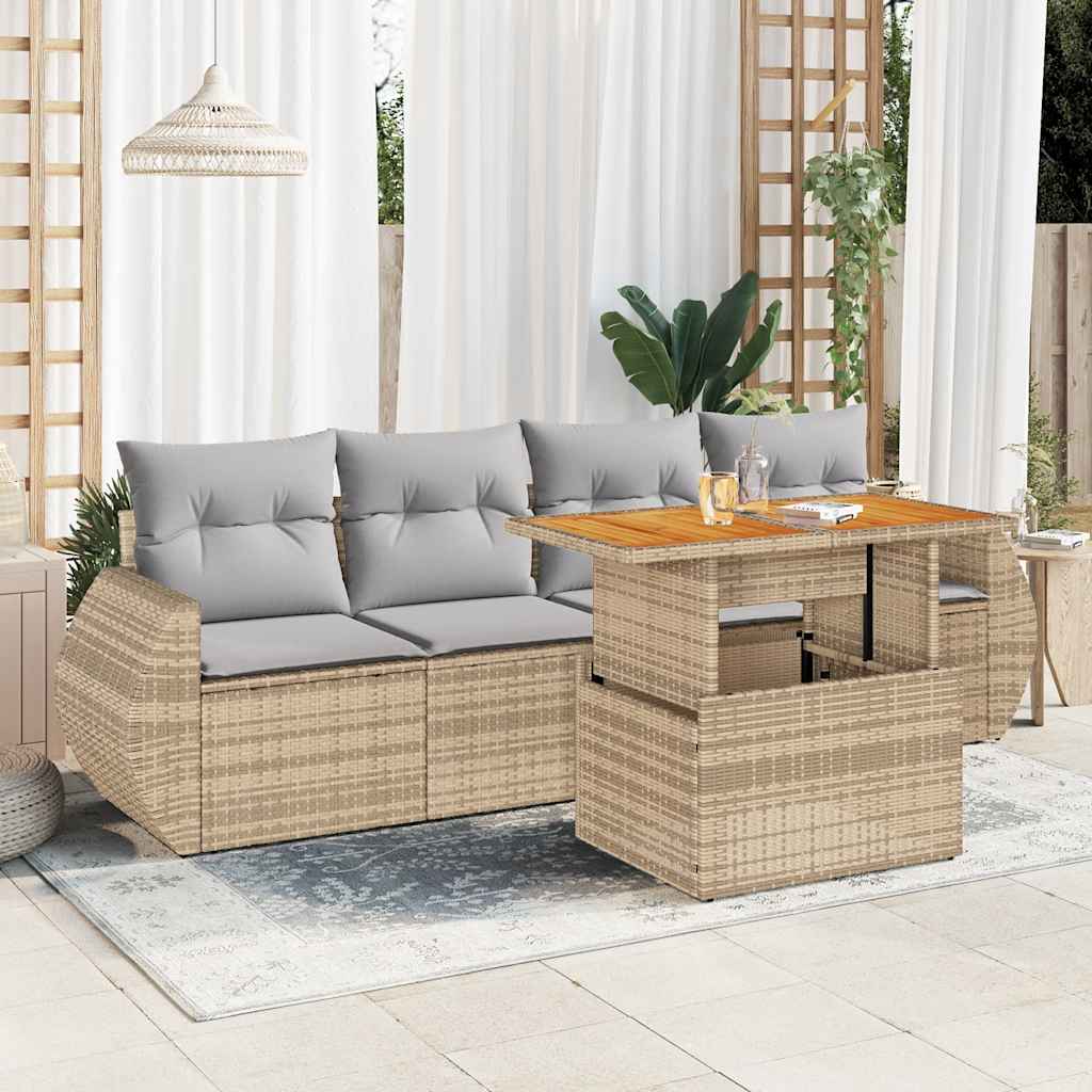 5 Pcs conjunto de sofás p/ jardim com almofadões vime PE bege