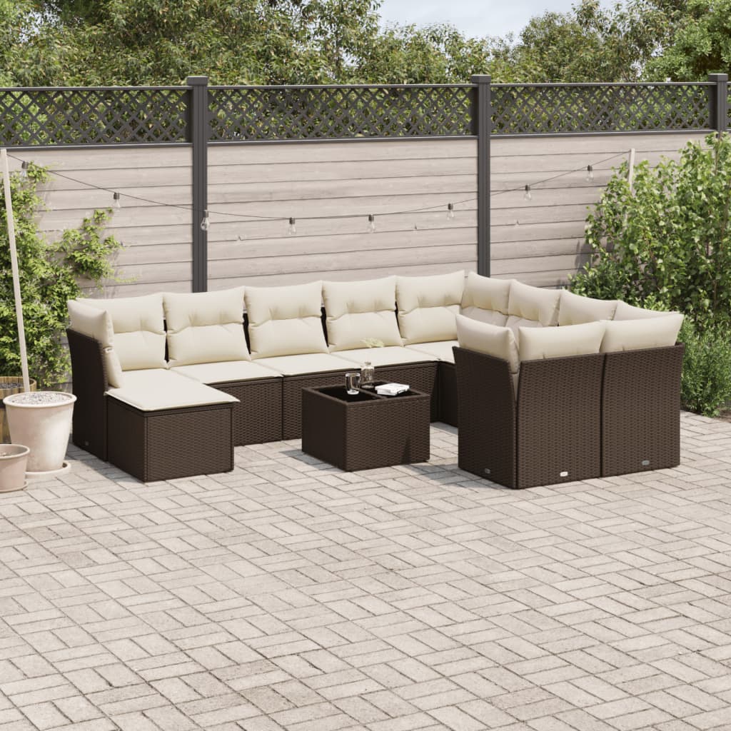 11 Pcs conjunto sofás de jardim c/ almofadões vime PE castanho