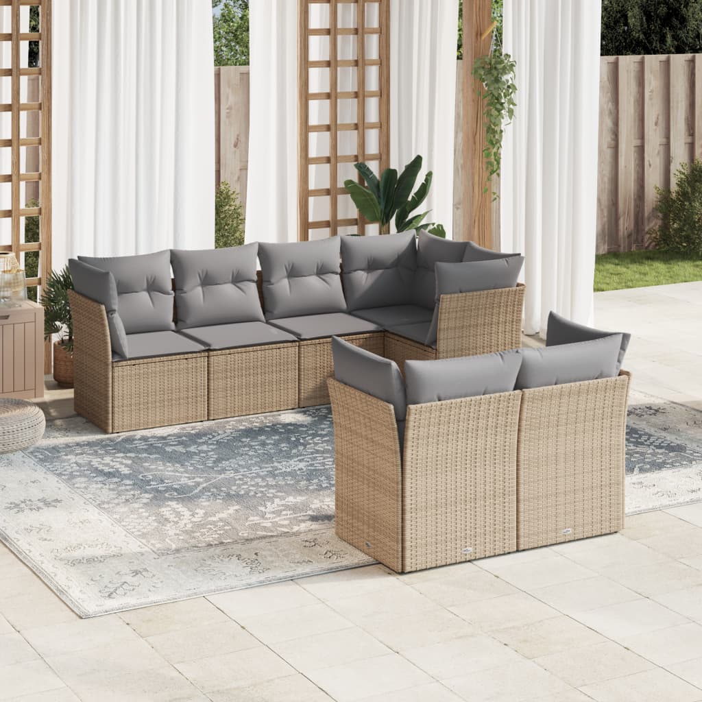7 Pcs conjunto de sofás p/ jardim com almofadões vime PE bege