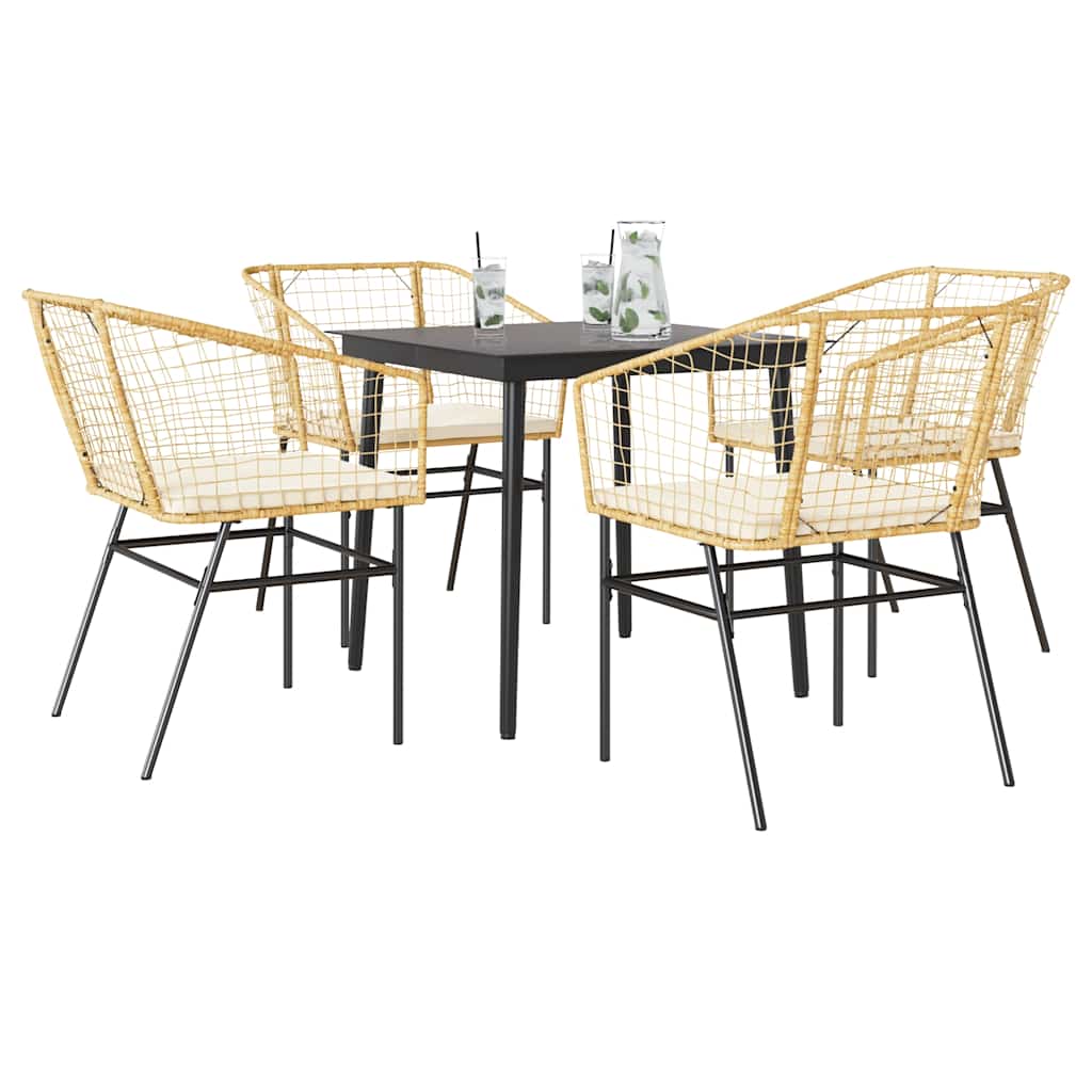 Conjunto jantar jardim 5 peças almofadas vidro vime PE castanho