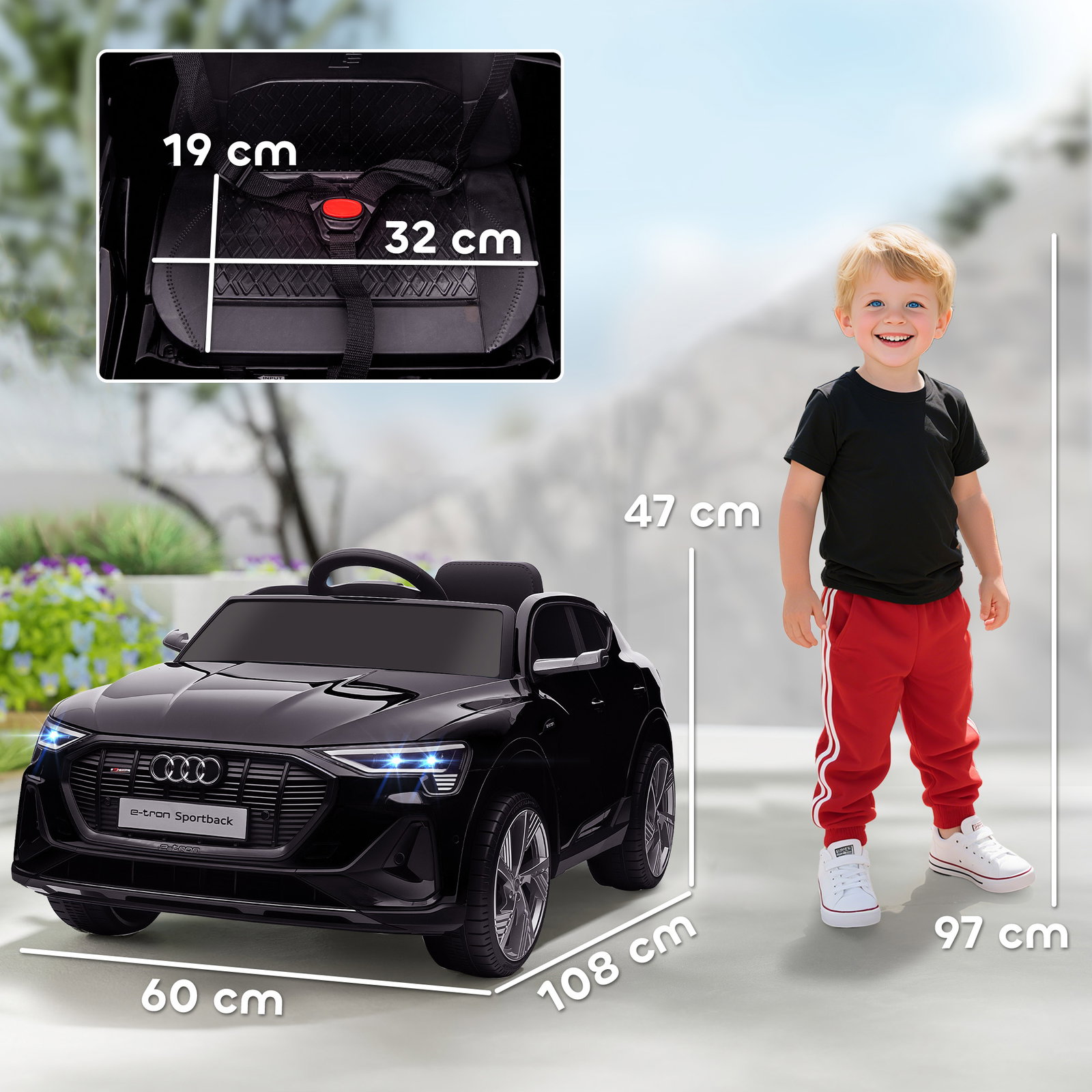 Carro Elétrico Audi E-Tron 12V com Faróis Buzina Música MP3 TF USB e Abertura da Porta 3-8km/h 108x60x47 cm Preto