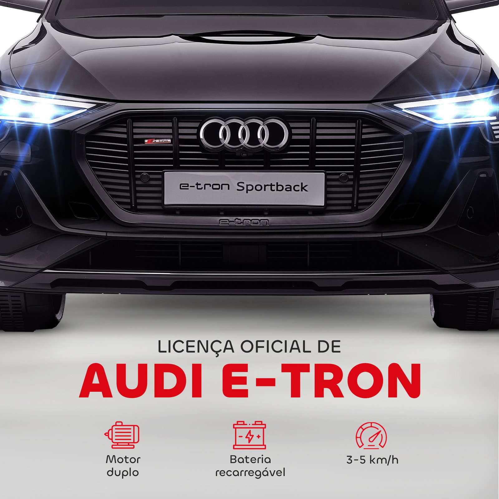 Carro Elétrico Audi E-Tron 12V com Faróis Buzina Música MP3 TF USB e Abertura da Porta 3-8km/h 108x60x47 cm Preto