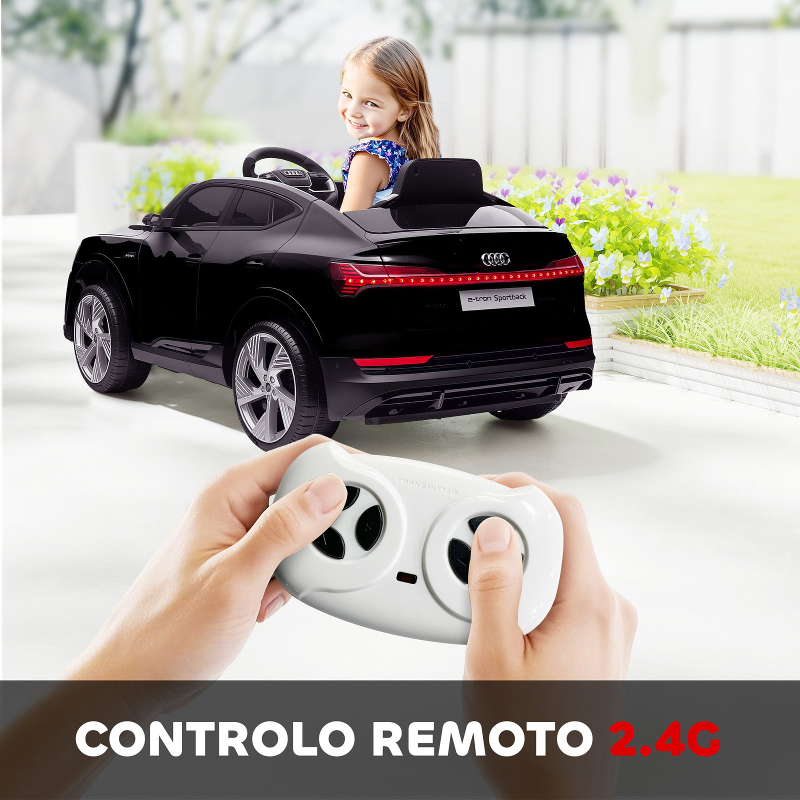 Carro Elétrico Audi E-Tron 12V com Faróis Buzina Música MP3 TF USB e Abertura da Porta 3-8km/h 108x60x47 cm Preto