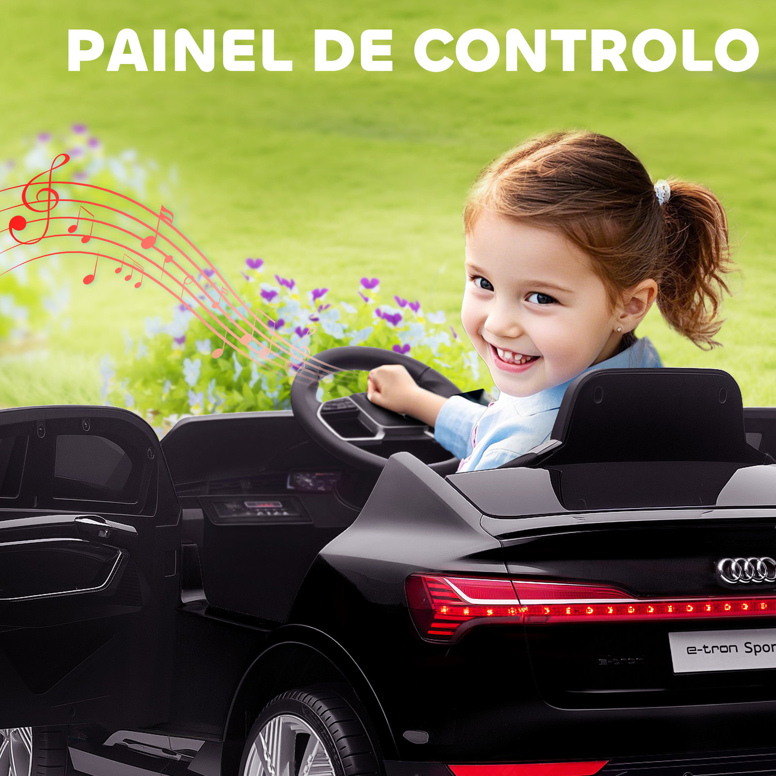 Carro Elétrico Audi E-Tron 12V com Faróis Buzina Música MP3 TF USB e Abertura da Porta 3-8km/h 108x60x47 cm Preto