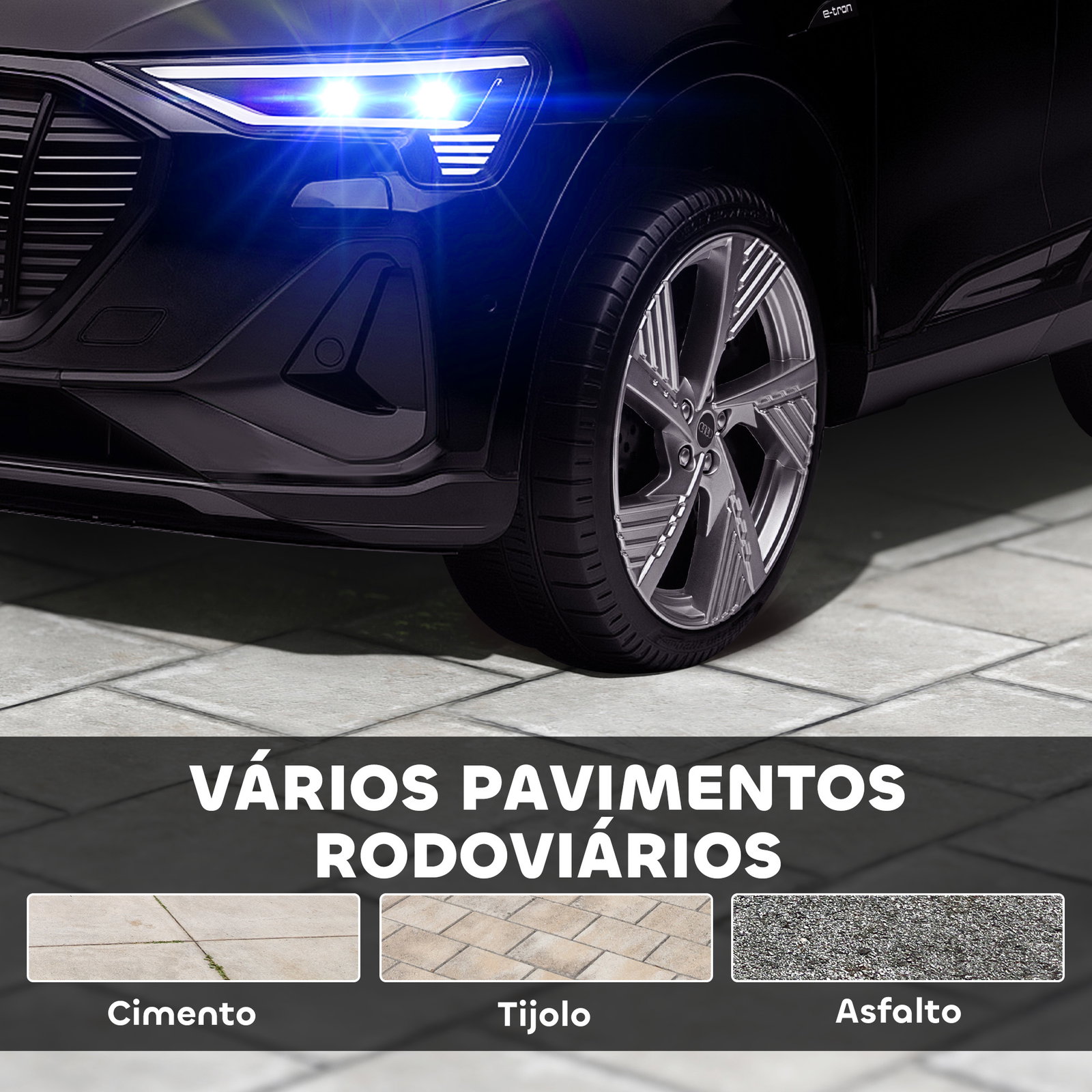Carro Elétrico Audi E-Tron 12V com Faróis Buzina Música MP3 TF USB e Abertura da Porta 3-8km/h 108x60x47 cm Preto