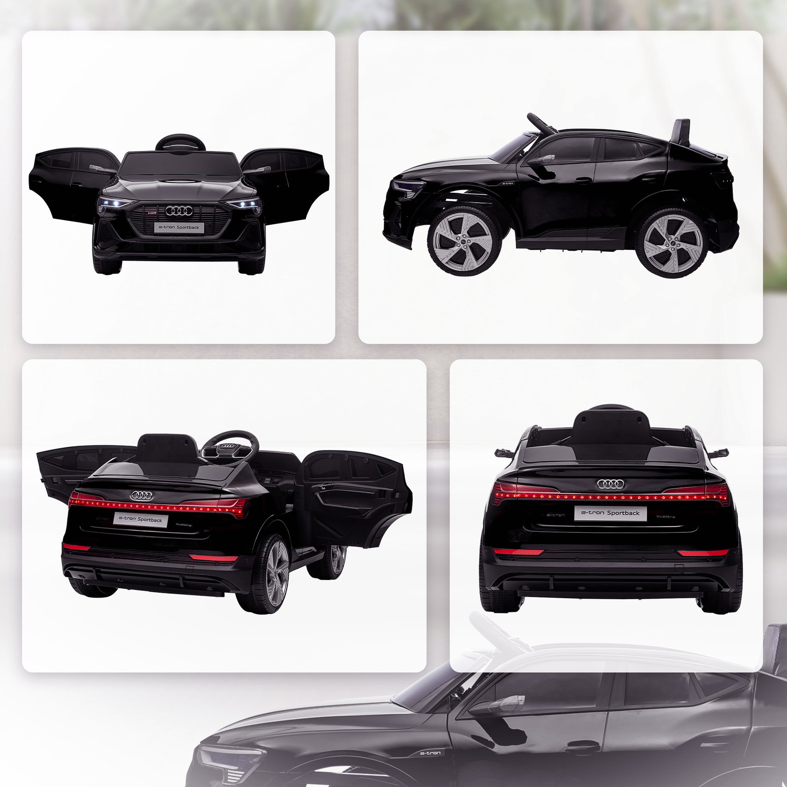 Carro Elétrico Audi E-Tron 12V com Faróis Buzina Música MP3 TF USB e Abertura da Porta 3-8km/h 108x60x47 cm Preto