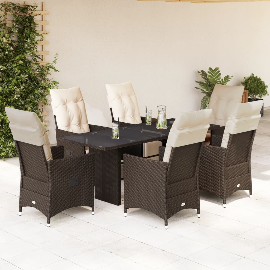 7 Pcs conjunto bistrô de jardim c/ almofadões vime PE castanho