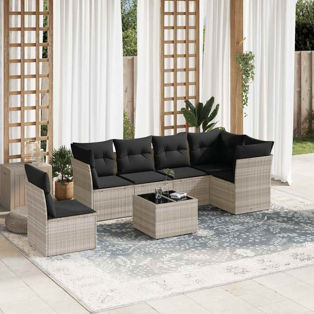 7 Pcs conj. sofás jardim com almofadões vime PE cinzento-claro