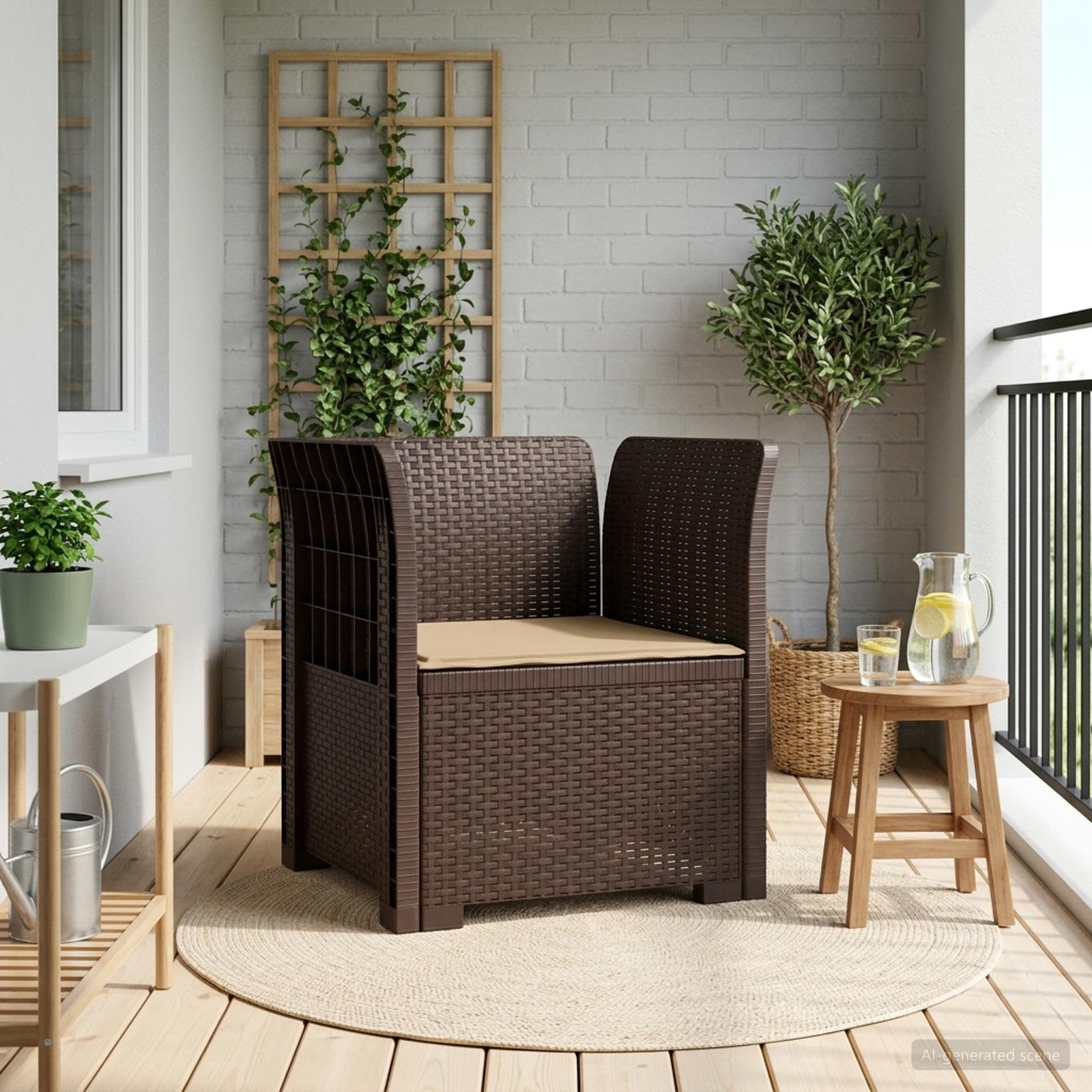 Poltrona 1 lugar com almofada look rattan PP castanho
