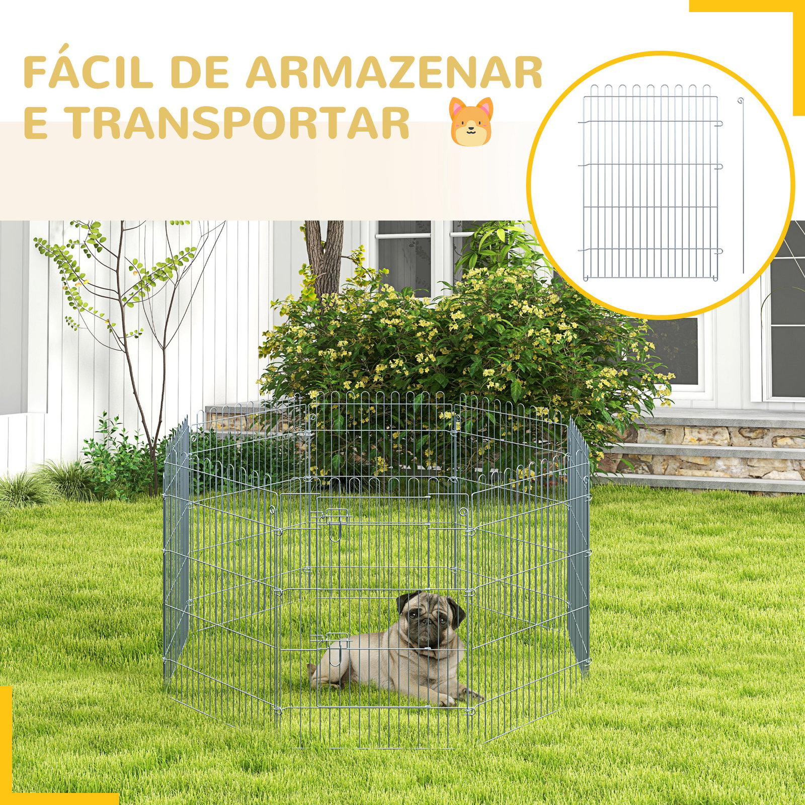 Parque para animais de estimação com 8 paineis 63x76cm cerca para animais de estimação com porta com trava para jardim pátio exterior prata