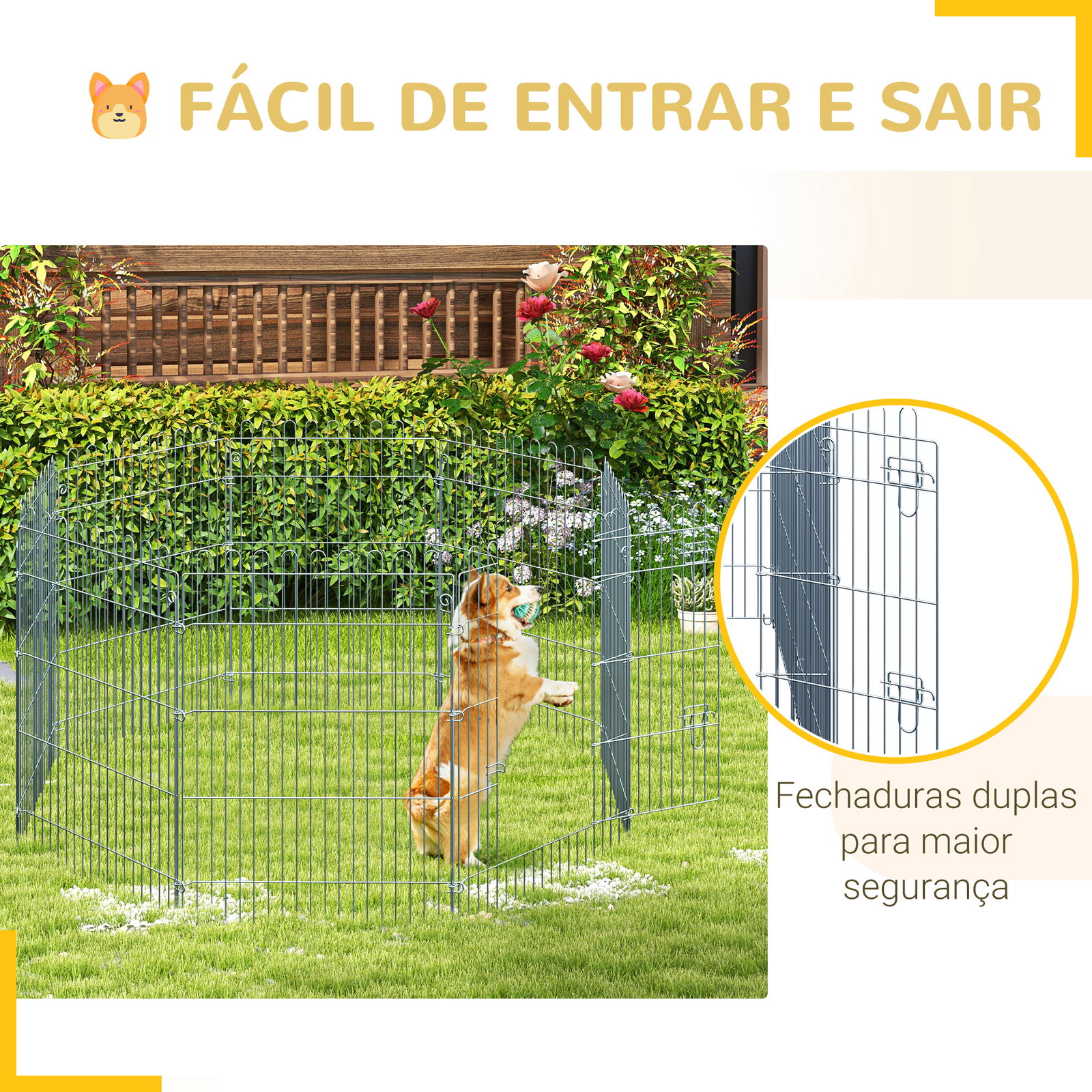 Parque para animais de estimação com 8 paineis 63x76cm cerca para animais de estimação com porta com trava para jardim pátio exterior prata