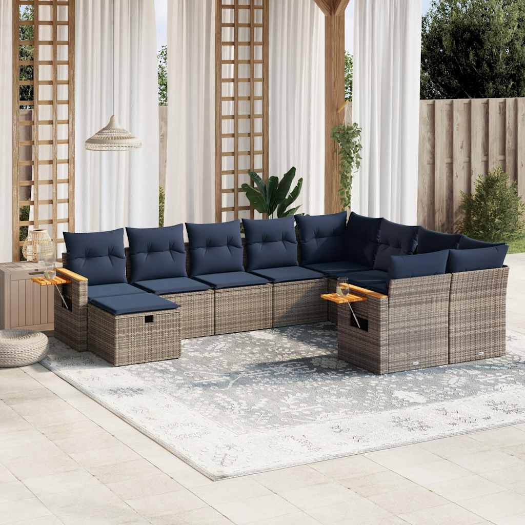 10 Pcs conjunto sofás p/ jardim c/ almofadões vime PE cinzento