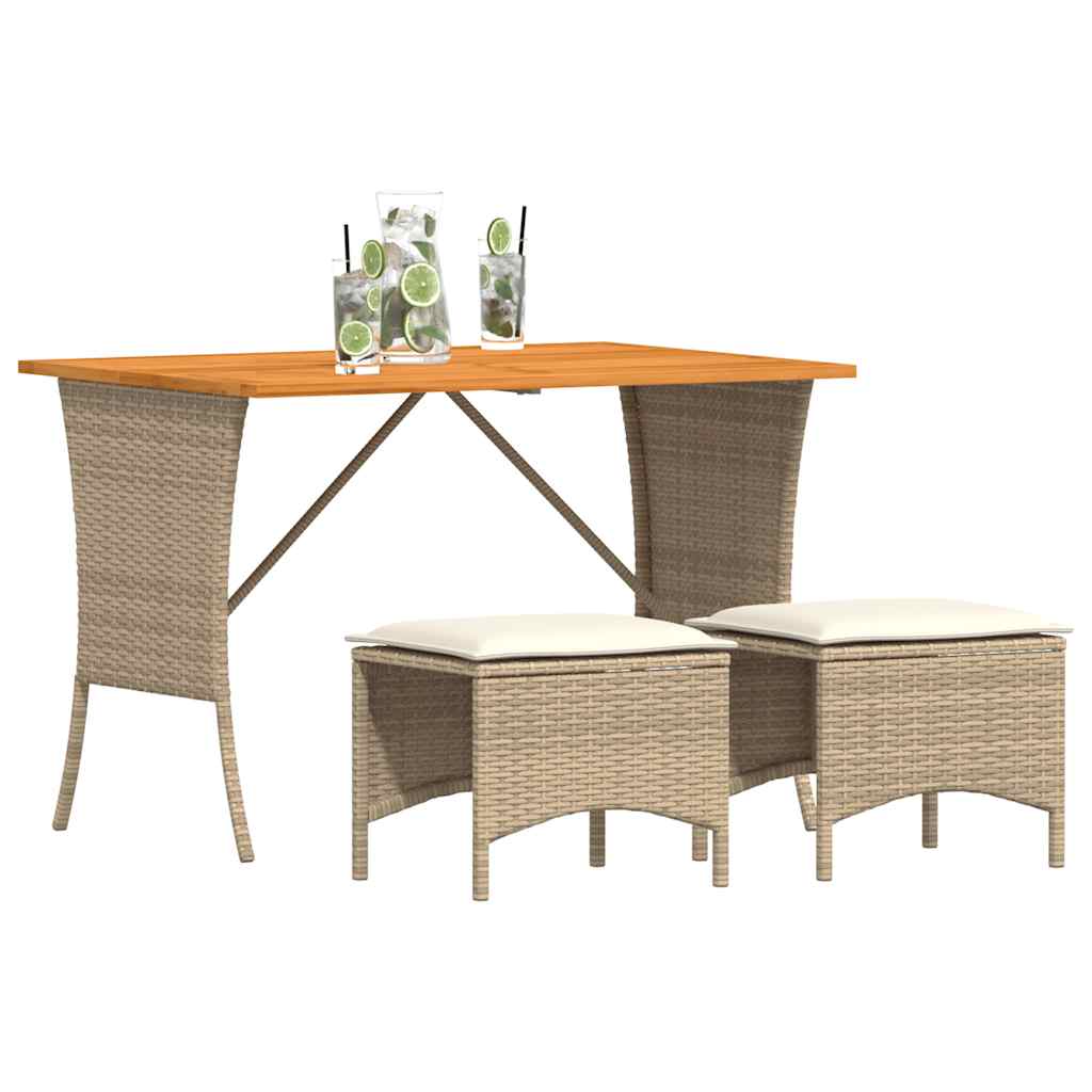 3 Pcs conjunto de jantar p/ jardim com almofadões vime PE bege
