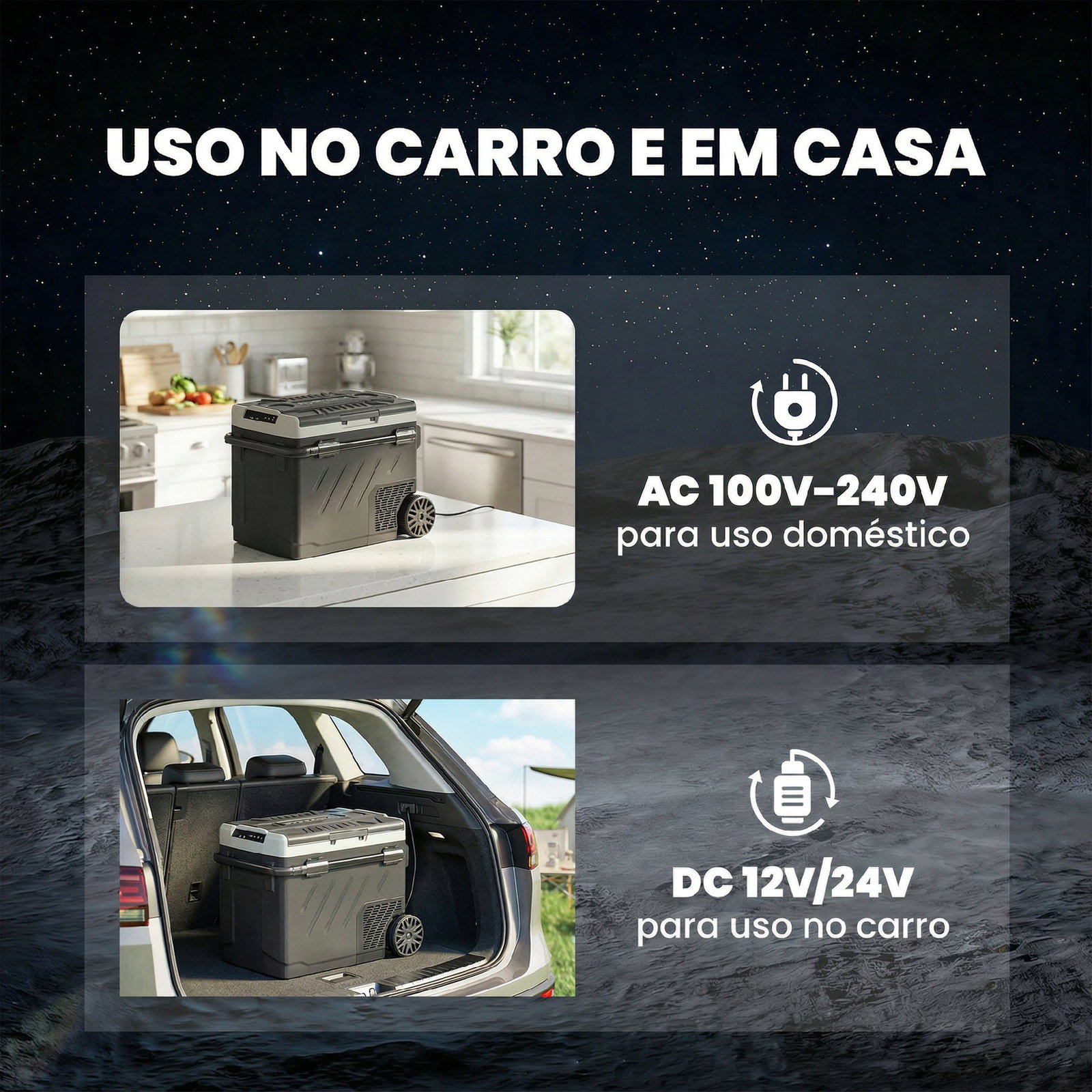 Frigorífico portátil elétrico 49l com compressor dupla zona controlo por app rodas pega telescópica -20℃ a 20℃ e porta USB