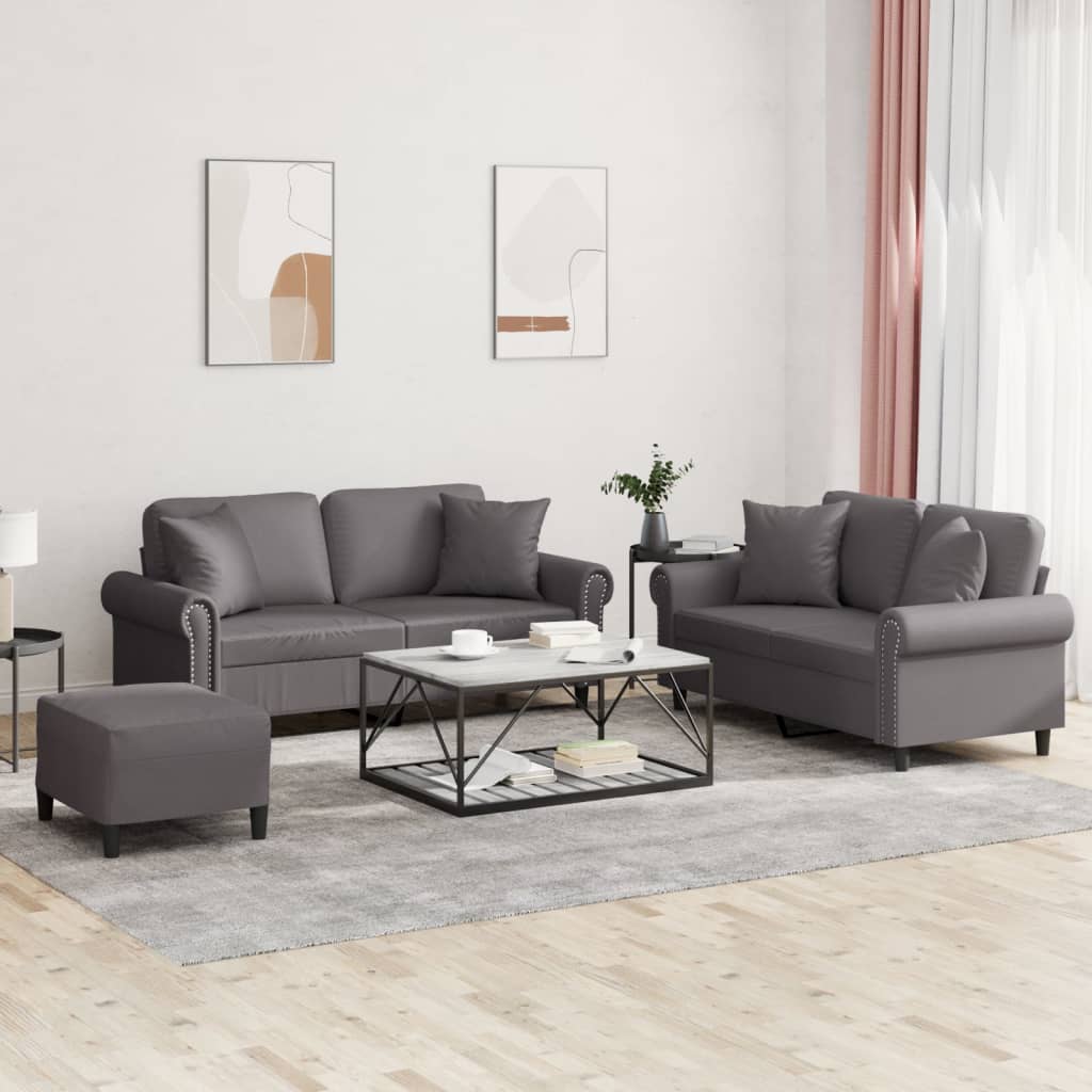 3 Pcs conjunto de sofás com almofadas couro artificial cinzento